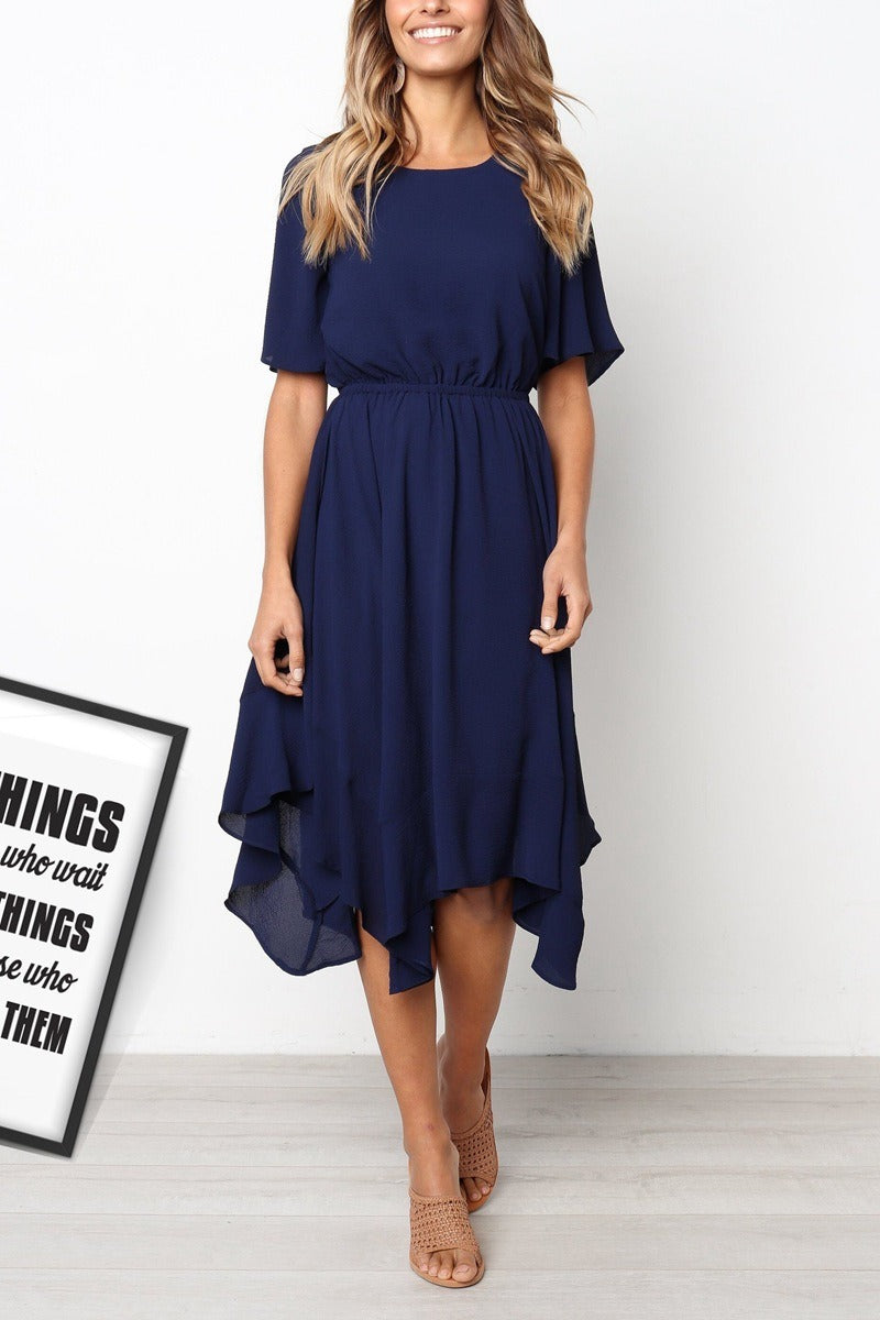 Solid Color Temperament Irregular Elastic Waist Round Neck Sleeve Dress