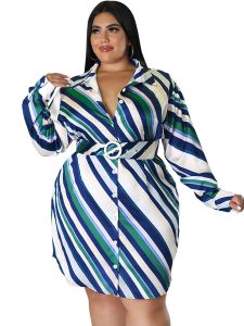 Plus Size Strip Print Lapel Collar Belted Mini Dress; Women's Plus Elegant Shirt Dress