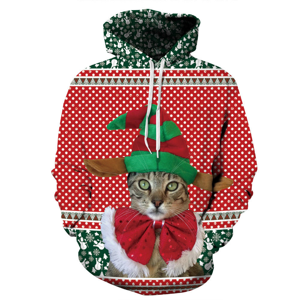 Europe and the United States new women's Christmas sweater Christmas cat Elk dog digital print hooded sweater