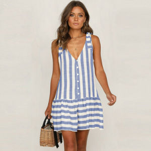 Women's fashion new sleeveless striped button stitching dress