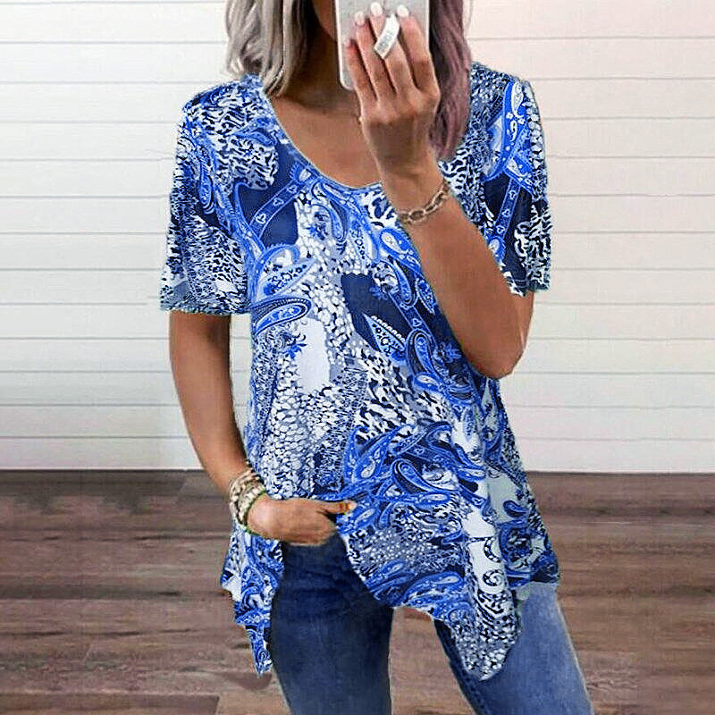 Fashion summer women's new T-shirt printing short-sleeved V-neck irregular plus size blouse