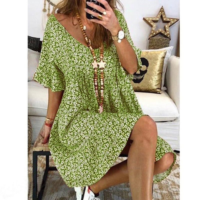 summer new women's wide V-neck loose trumpet sleeve print dress