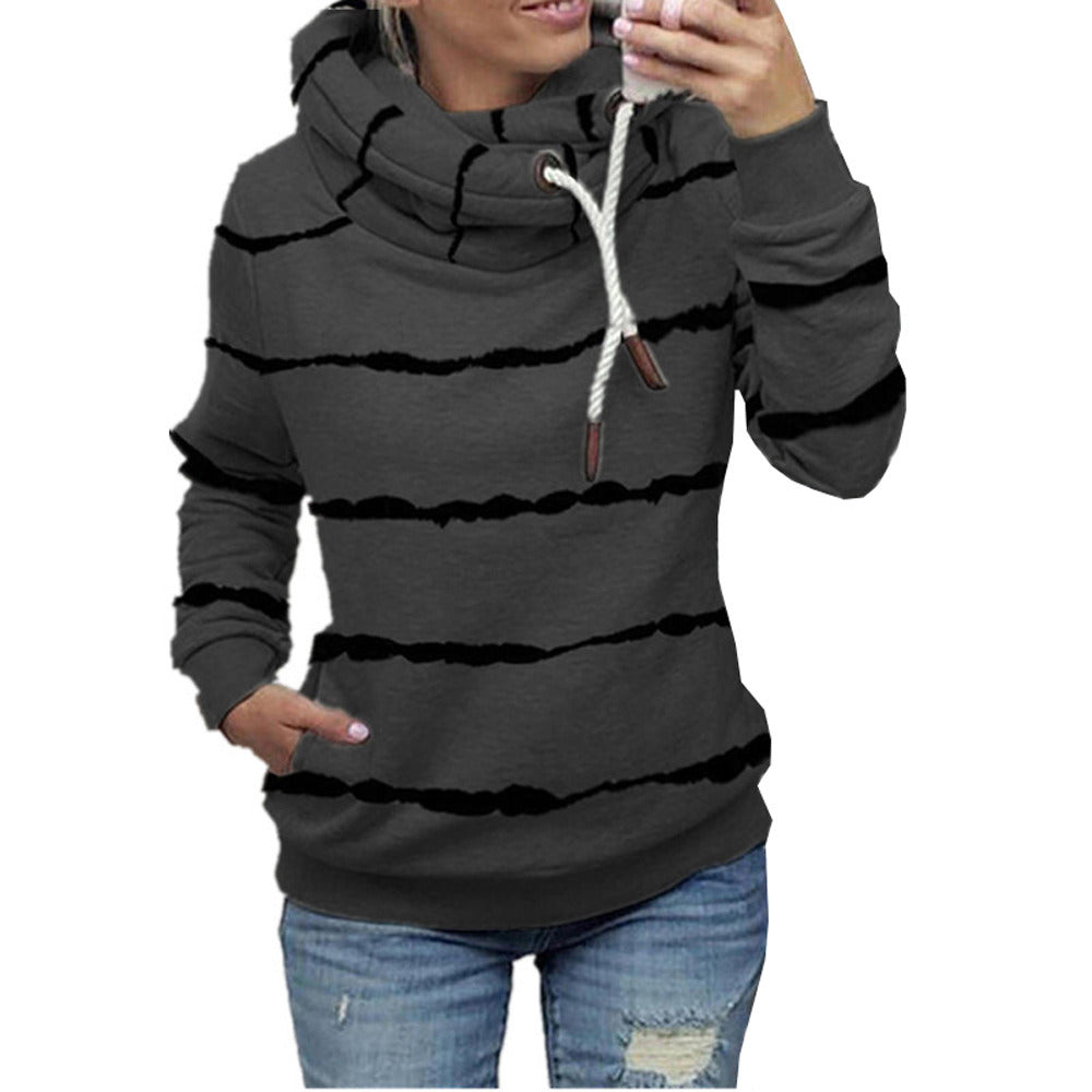 autumn and winter new women's striped printed high-neck hooded fleece striped sweater