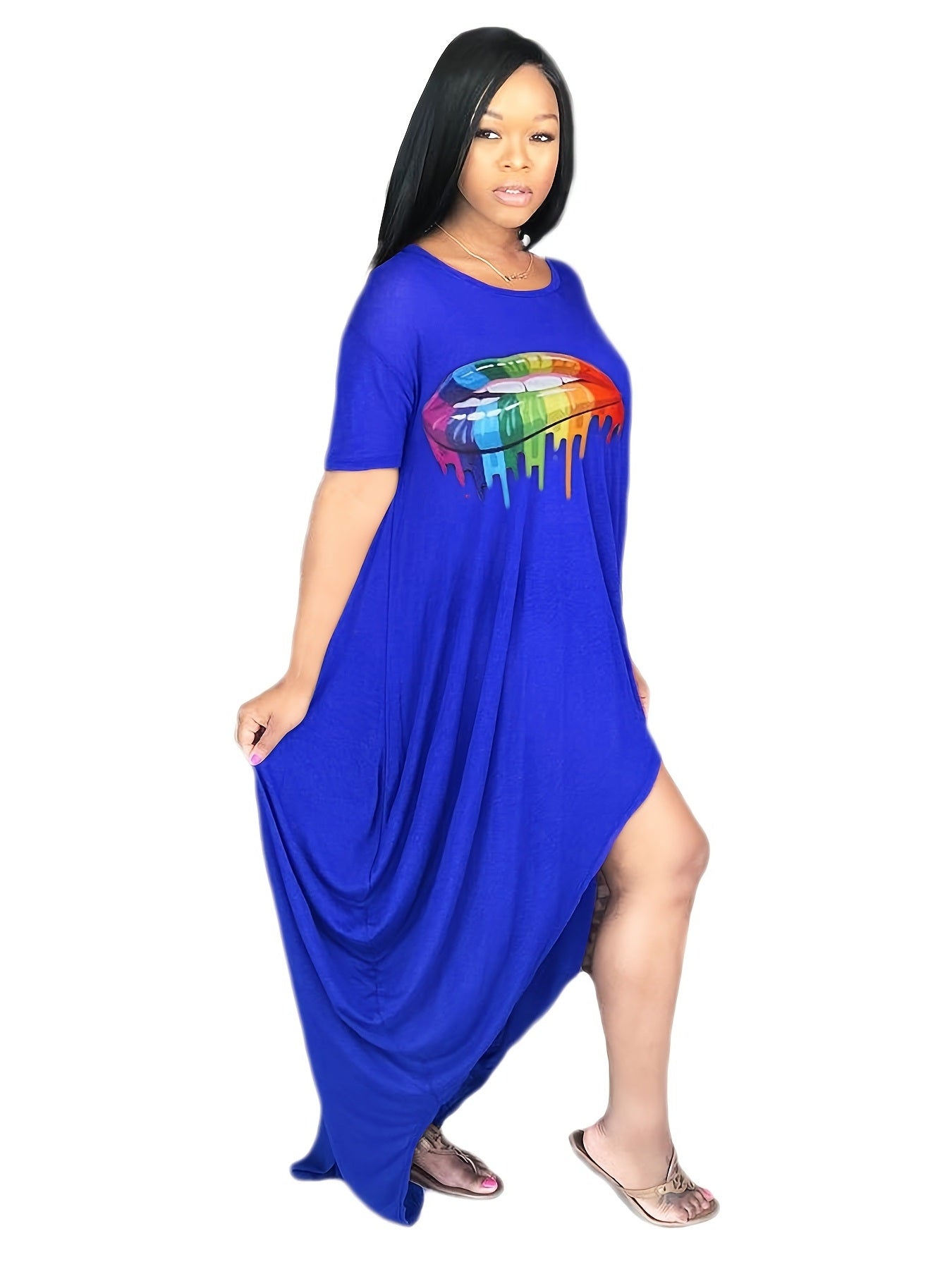 Plus Size Rainbow Color Lip Print Irregular Hem Dress; Women's Plus Casual Short Sleeve Dress