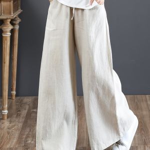 Solid Color Literary Cotton Linen Wide Leg Pants; Women's Trousers