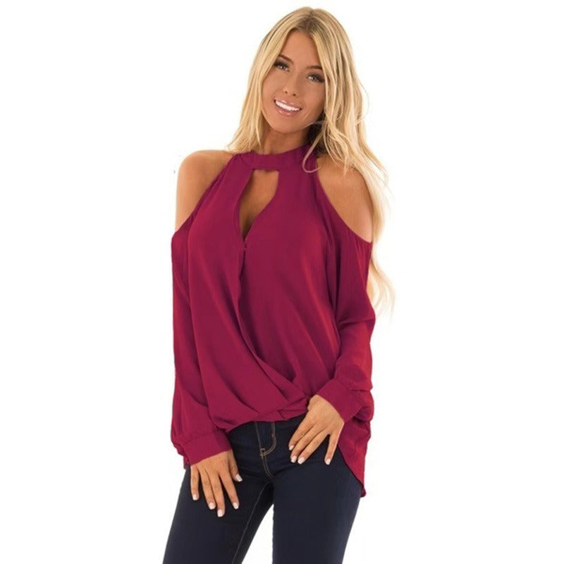 Women Fashion Loose Causal Long Sleeve Pure Color Off Shoulder Summer Shirts Plus Size S-2XL