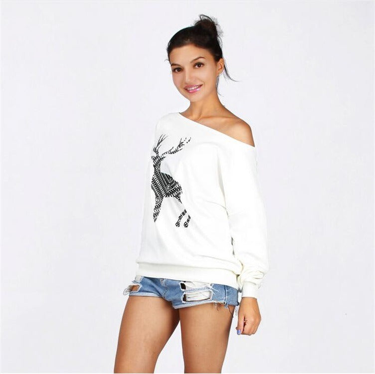 Autumn and Winter New Christmas Theme Elk Print Long-sleeved Sweater Sexy Oblique Collar Shirt Pullover Women's Clothing