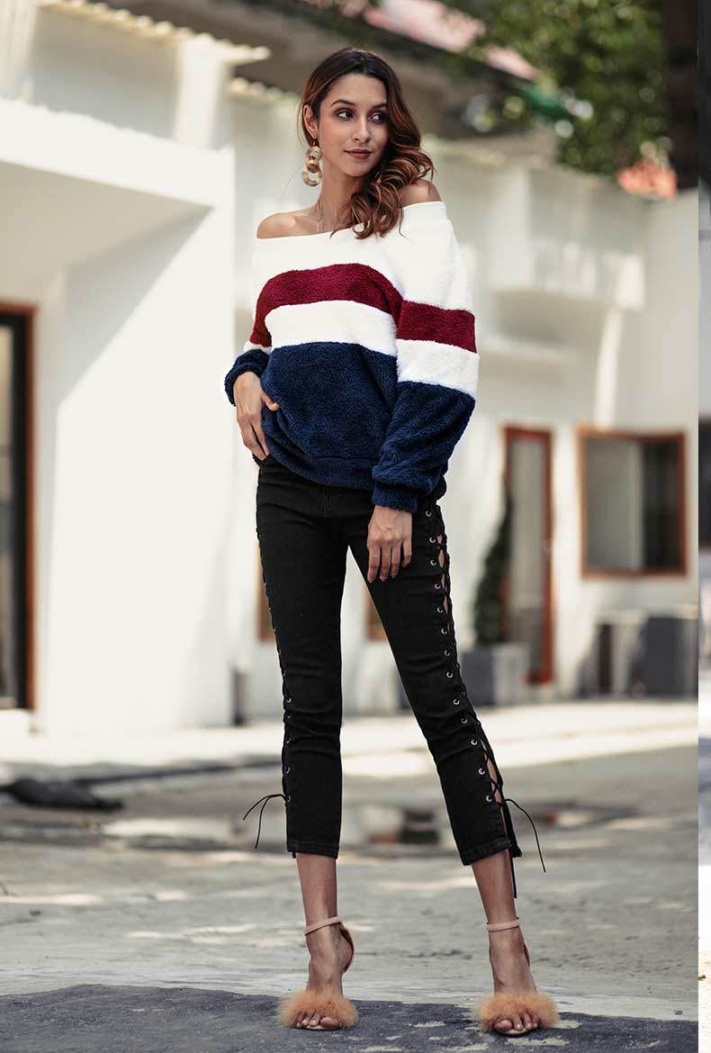 autumn and winter new women's clothing collar striped sweater long-sleeved shirt