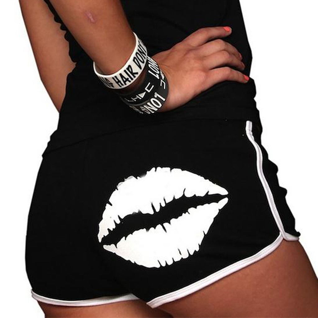 Summer new women's lips print contrast color edging slim sports casual yoga shorts