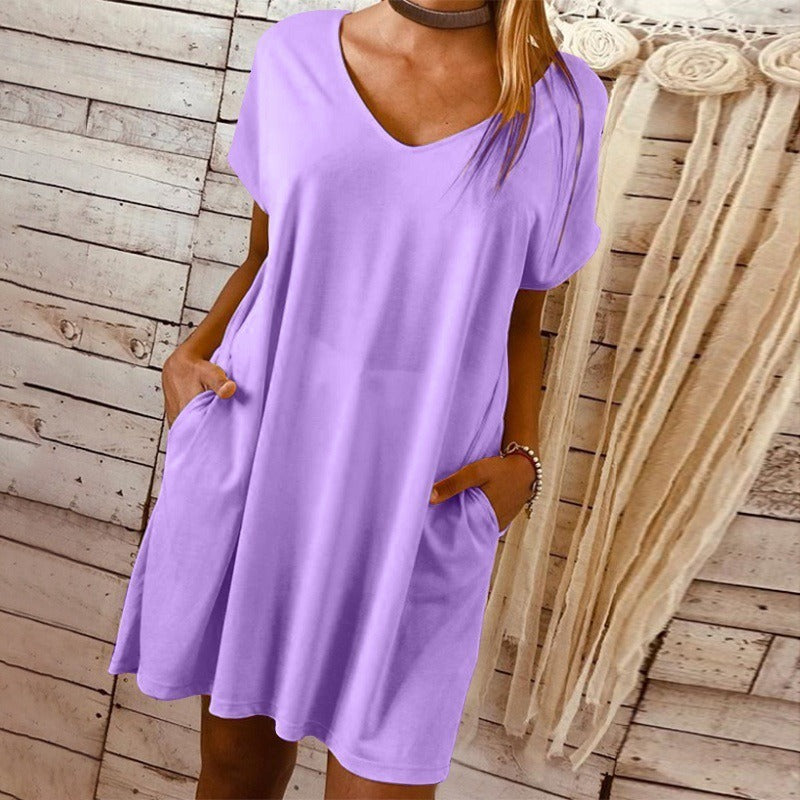 Short-sleeved Large Size Solid Color Dress Women's New Hot Sale