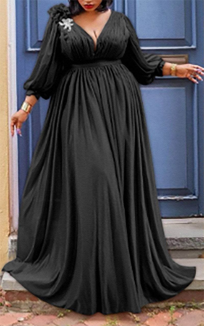 Spring Summer Plus Size Satin Slit Evening Dress Women Sexy V Neck Trailing Skirt Flower Lantern Sleeve Folds Wedding Bridesmaid