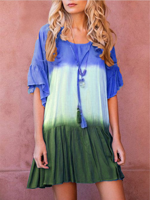 women's new gradient color trumpet sleeves long short-sleeved dress