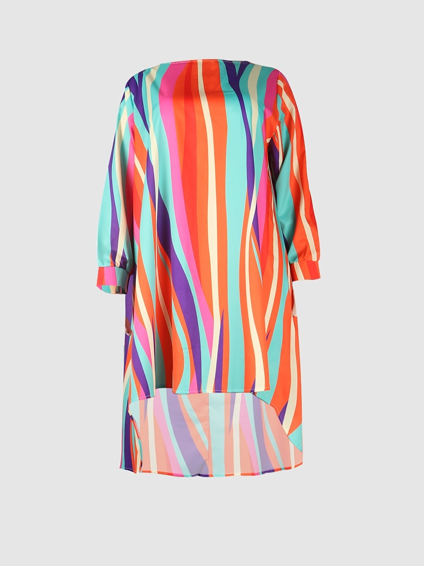 Plus Size Rainbow Striped Loose Fit Maxi Dress; Women's Plus Casual Round Neck Dress