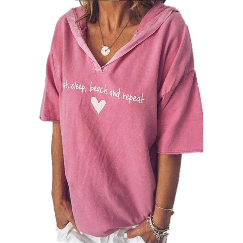 European and American women's new V-neck letter printed loose hooded short-sleeved T-shirt