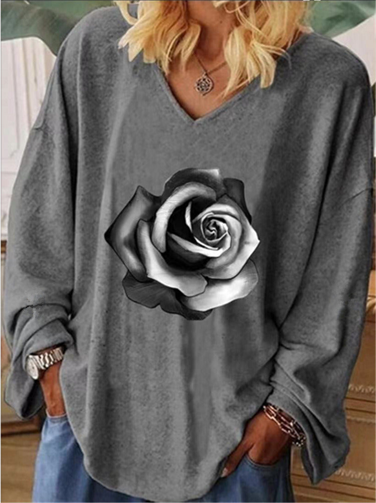 women's V-neck rose printing casual pullover long-sleeved T-shirt plus size women's top