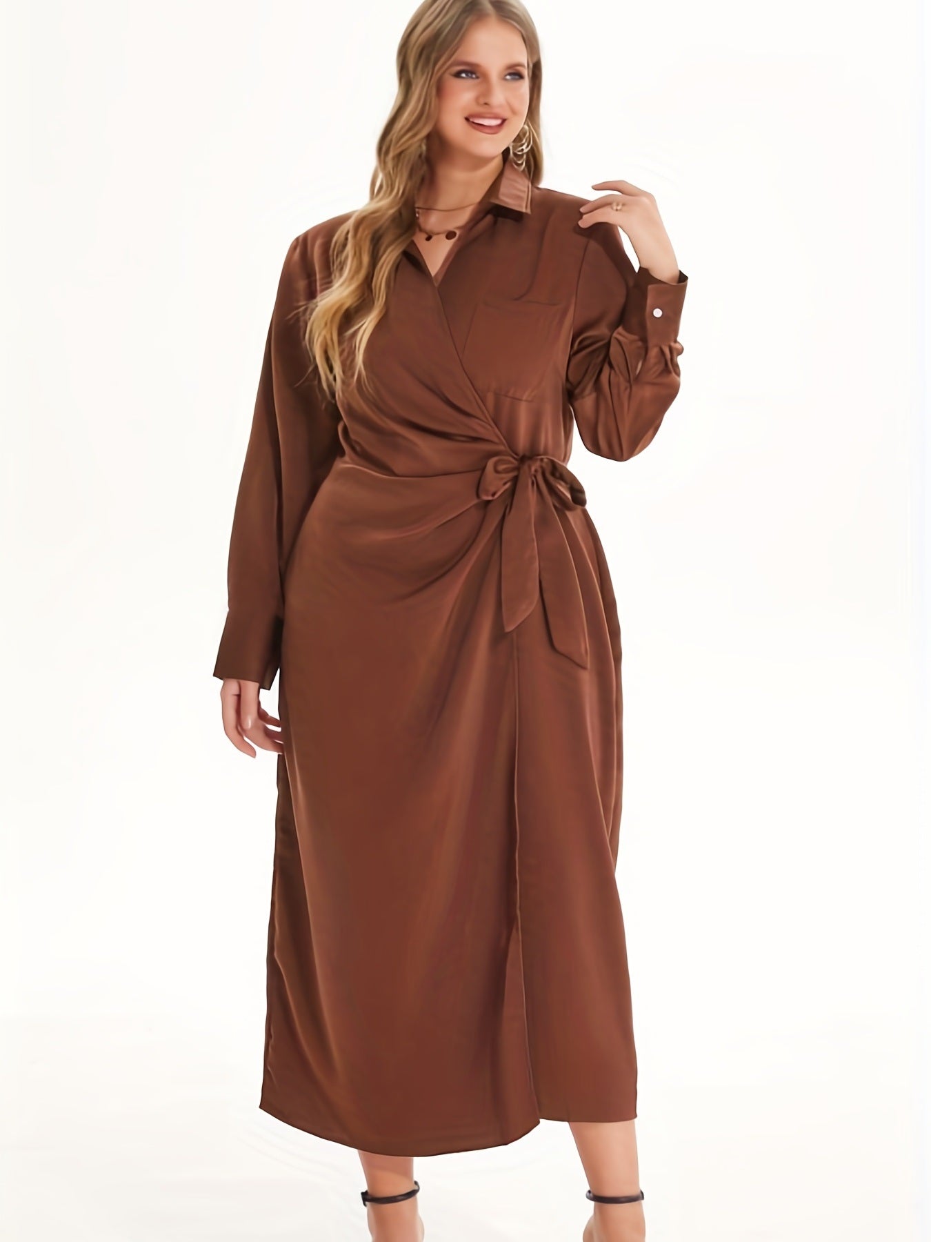 Plus Size Satin V Neck Long Sleeve Solid Wrap Maxi Dress With Belt; Women's Plus Elegant Medium Stretch Maxi Dress