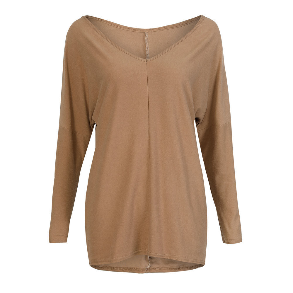 Hot Tops Loose Solid Color Sexy V-neck Comfortable Bat Sleeve Top