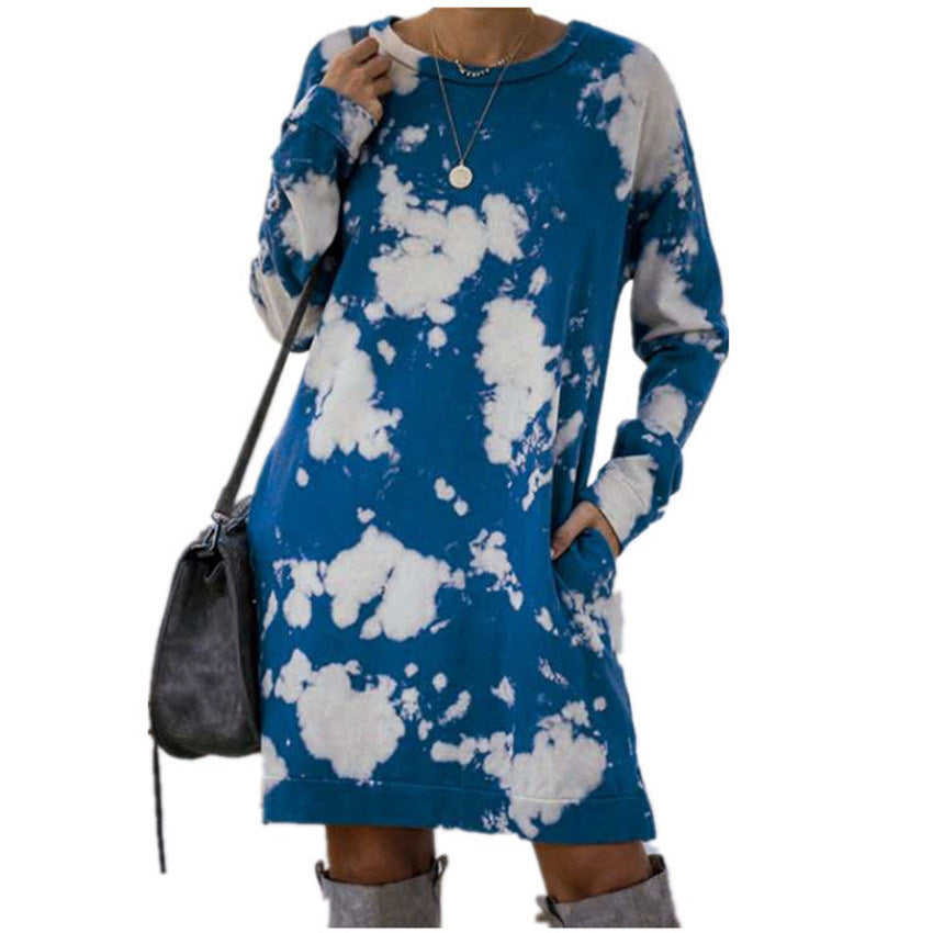 Summer New Style Women's Tie-dye Printing Gradient Long-sleeved Round Neck Dress