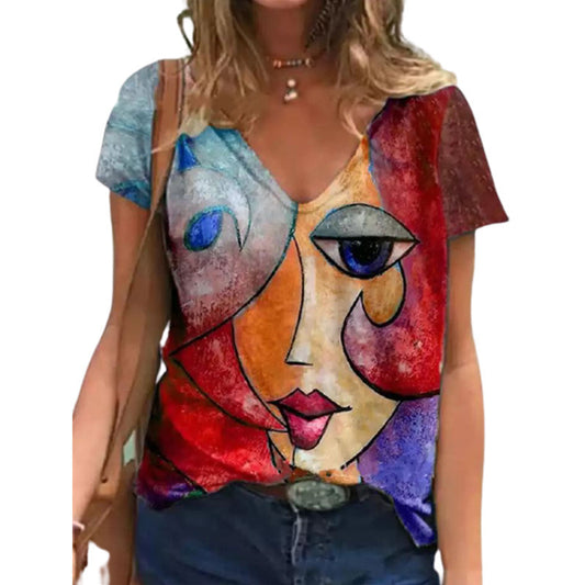 V Neck Tshirt Women's Summer Casual Oversize Print Shirt Tops Loose Vintage Female Tee Short Sleeve Clothes