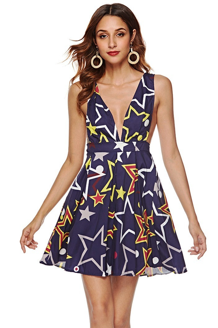 Women's Spring and Summer Digital Print Deep V-neck Sleeveless Sexy A-type Dress