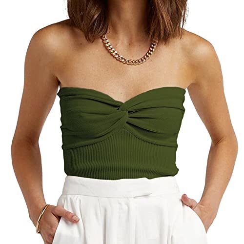 Womens Strapless Crop Top Sexy Sweetheart Neck Ribbed Knit Twisted Knot Front Sleeveless CamisoleTanks Top