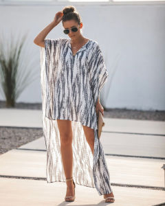 summer European and American women's V-neck bat sleeve tie-dye short short long irregular hem dress