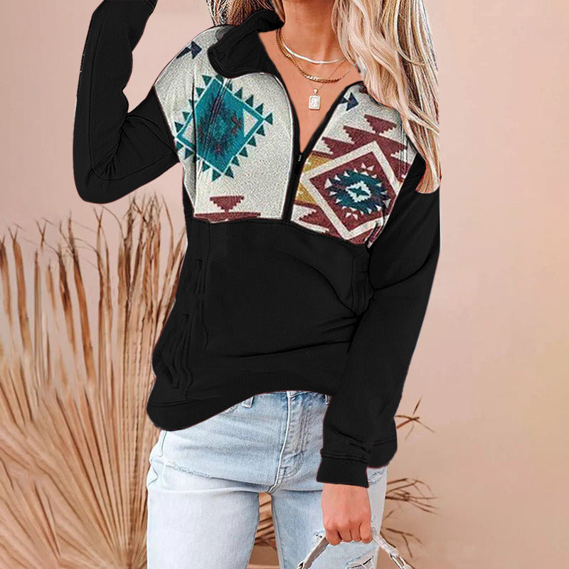 autumn and winter new women's hoodie zipper lapel printed sweater