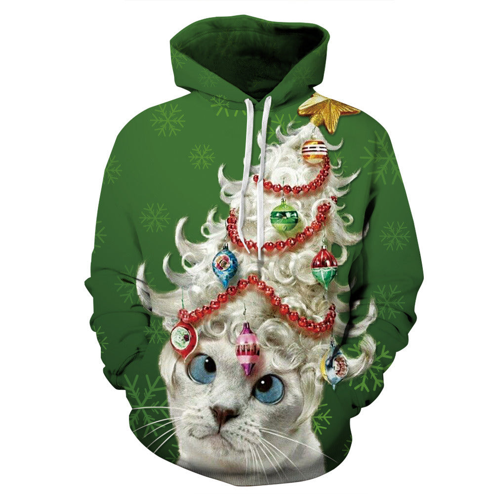 Europe and the United States new women's Christmas sweater Christmas cat Elk dog digital print hooded sweater