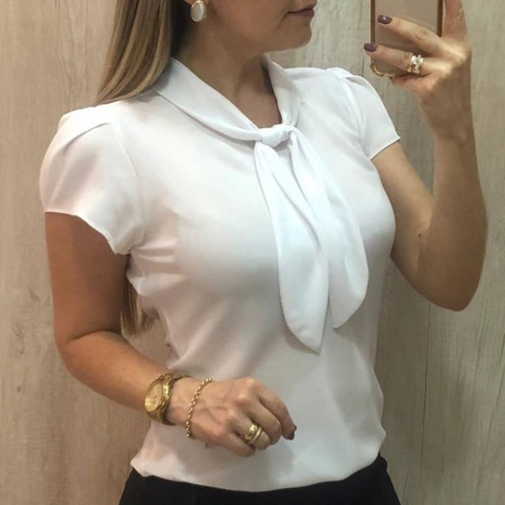 Spring and Summer New Women's Casual Tie Round Neck Short-sleeved Chiffon Shirt Top