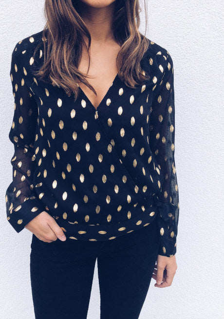 Loose Button Long Sleeve Polka Dot Print V-neck Strap Chiffon Shirt Women