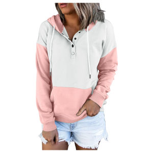 Winter New Style Contrast Stitching Loose Hooded Sweatshirts Women Casual Button Pullover Hooded Hoodies Outwear