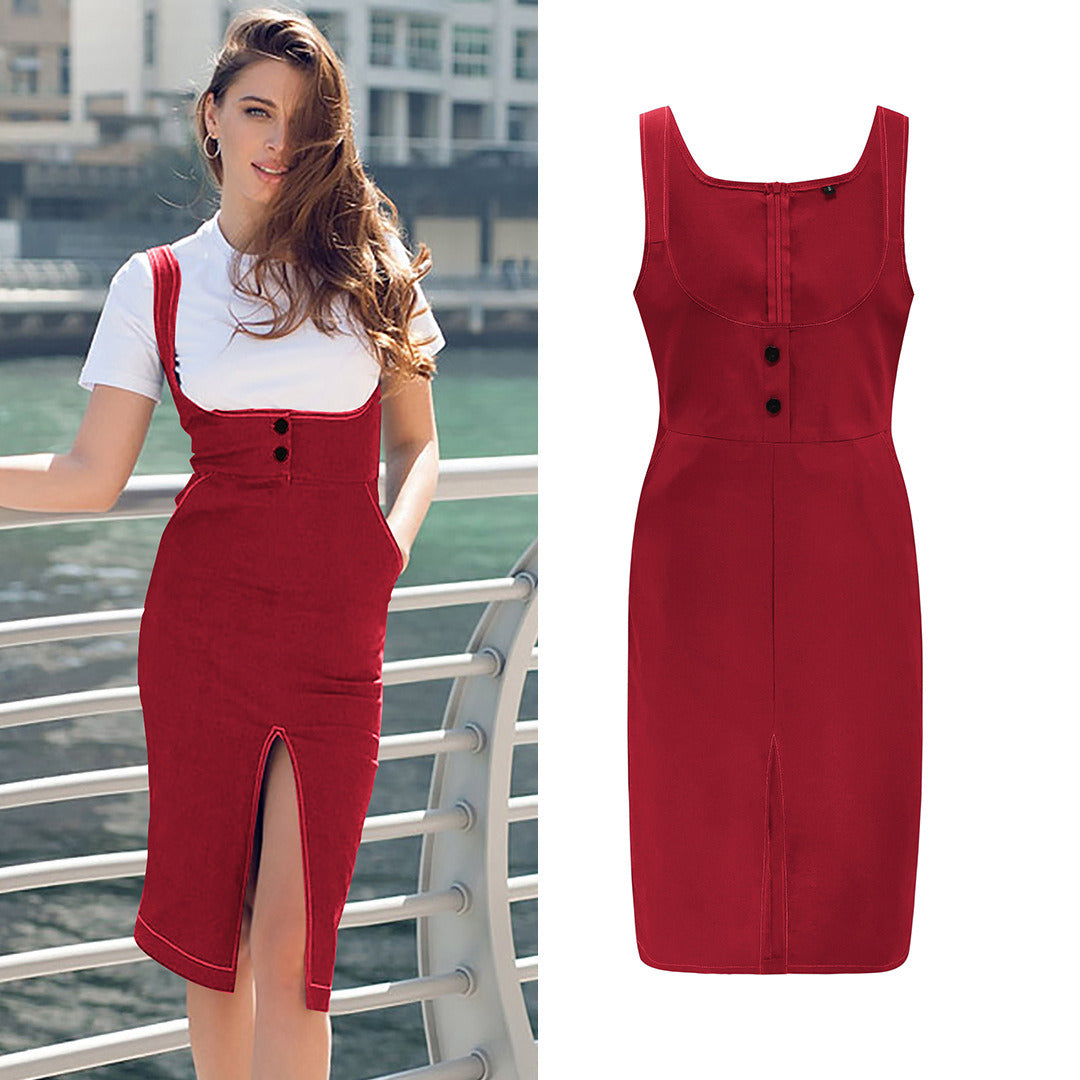 New women's waist bottoming dress straps split long skirt