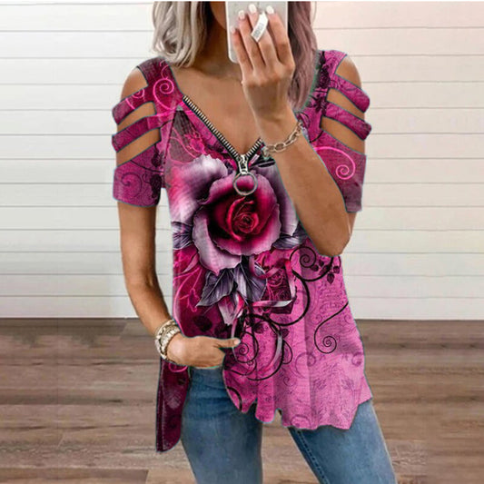 summer new women's plus size T-shirt casual hollow printing V-neck short-sleeved T-shirt top