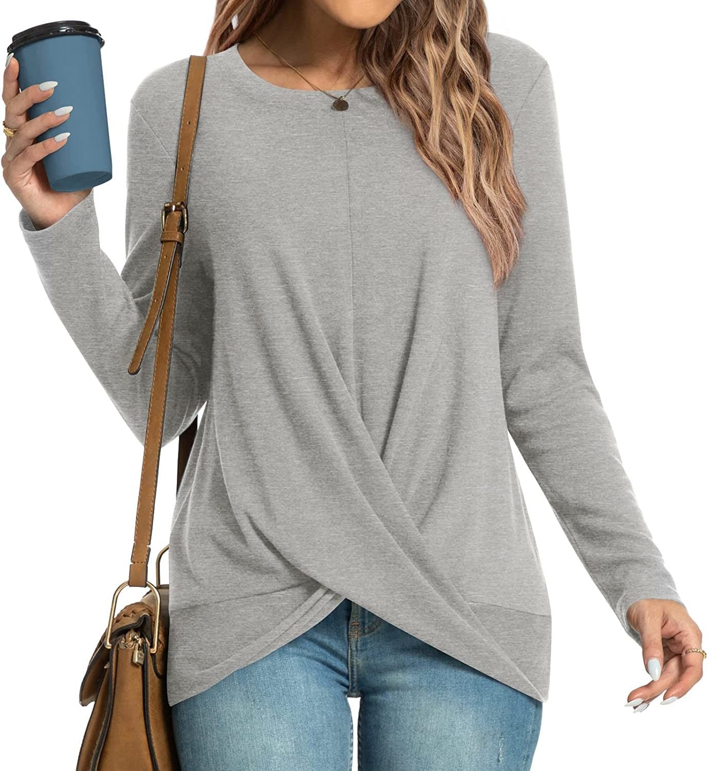 Women's Winter Fall Tunic Tops Long Sleeve Casual T-Shirts Front Twist Crewneck Blouse For Leggings