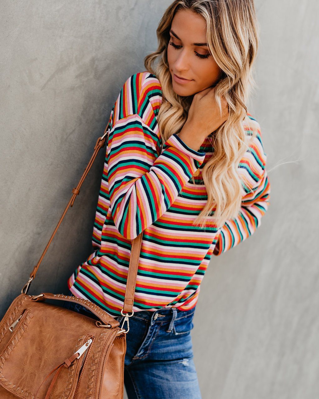 Autumn hot tops sexy round neck striped print featuring bat sleeve tops