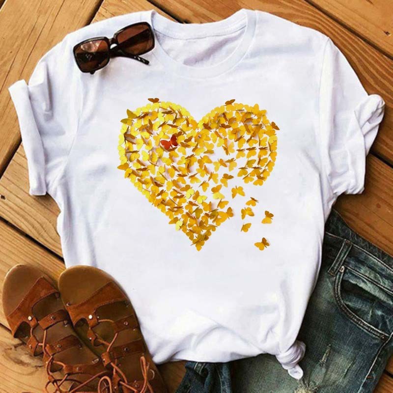 Watercolor Butterfly Heart Printed T Shirt New Women T-Shirt Harajuku Cute Graphic Tee Shirt Ladies Casual Female Tops Tee