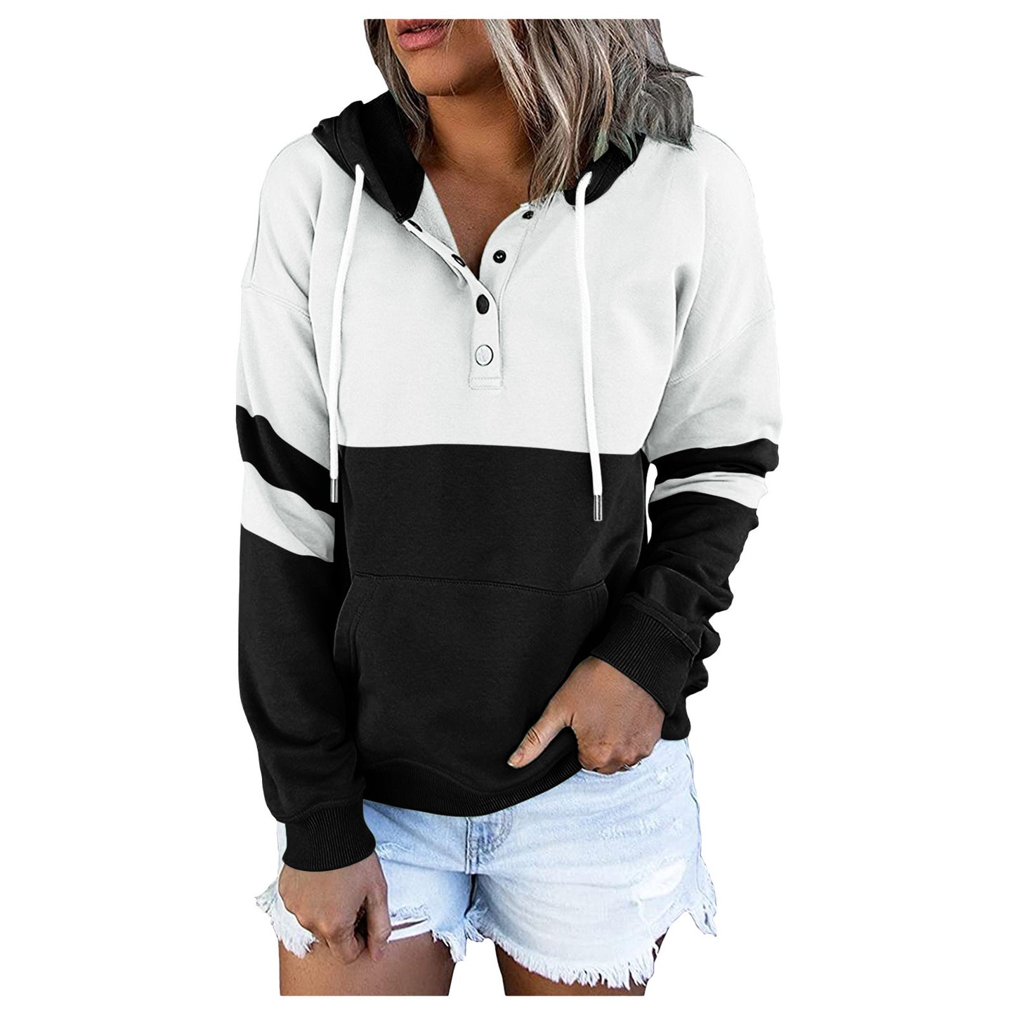 Top Women's Stitching Hooded Sweater Plus Fleece Pockets Loose Autumn and Winter New