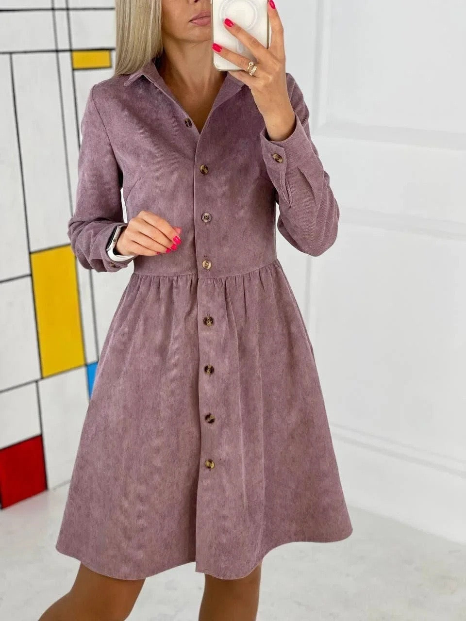 Fall/winter Long-sleeved Single-breasted Shirt Corduroy Dress Long Skirt