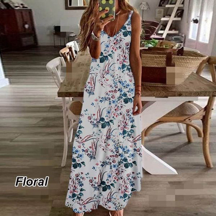 New summer women's dress print holiday dress suspenders long skirt Indian style swing skirt