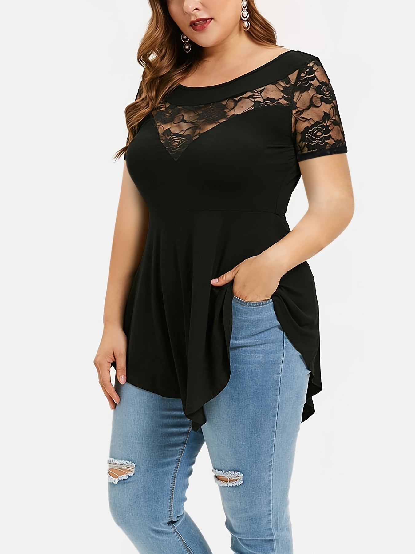 Plus Size Contrast Lace Colorblock Round Neck T-shirt; Women's Plus Irregular Hem Elegant Blouse