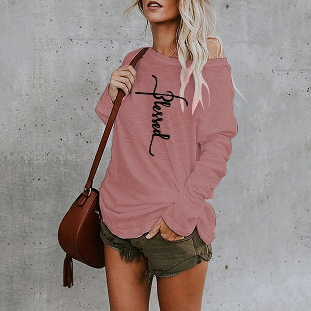 Letter Sexy Off Shoulder Tops Spring Summer Women Casual Y2k Dill Top Long Sleeve Loose T Shirts Female Pullover