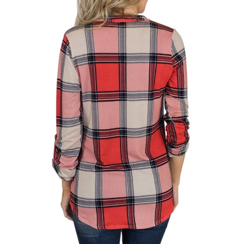 Womens Fashion V-Neck Blouses Long Sleeve Striped Plaid Print Casual Loose T-shirt Tops