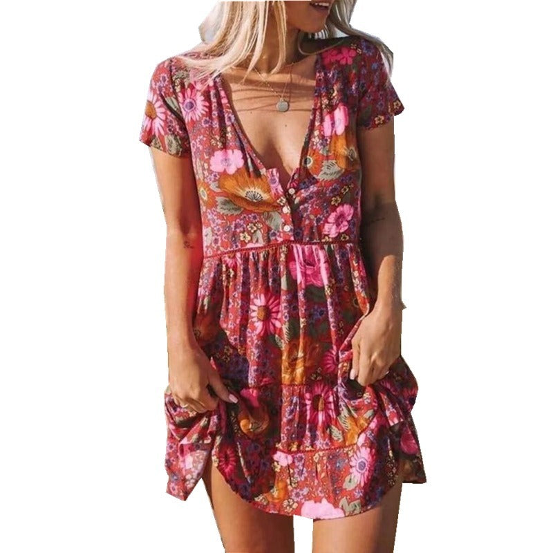 summer new women's dresses printed V-neck short-sleeved dresses