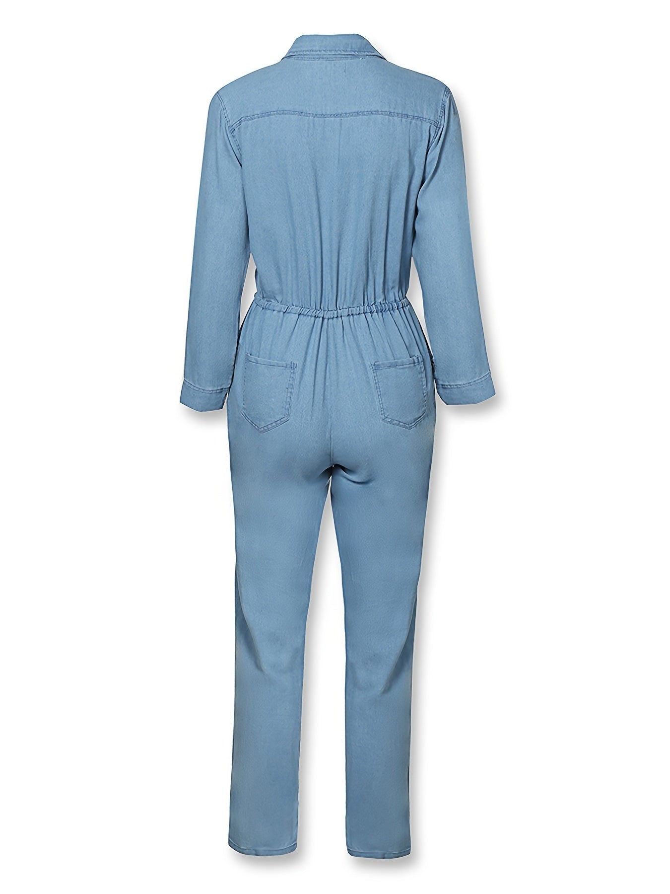 Denim Print Drawstring Waist Jumpsuit; Casual Slant Pockets Long Sleeve Button Down Jumpsuit