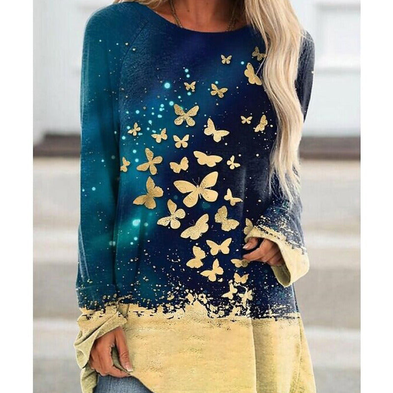 Women's Printed Round Neck Long Sleeve Loose T-Shirt Women's Top