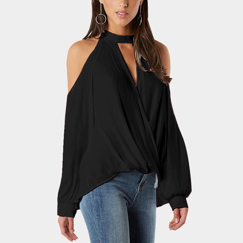 Women Fashion Loose Causal Long Sleeve Pure Color Off Shoulder Summer Shirts