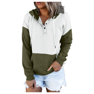 Winter New Style Contrast Stitching Loose Hooded Sweatshirts Women Casual Button Pullover Hooded Hoodies Outwear