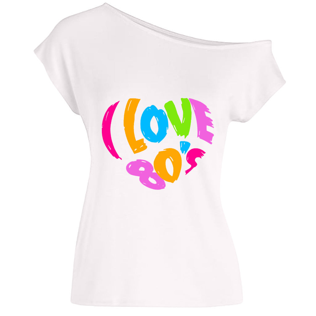 2022 summer I love 80's letter love print diagonal collar off shoulder sexy irregular T-shirt