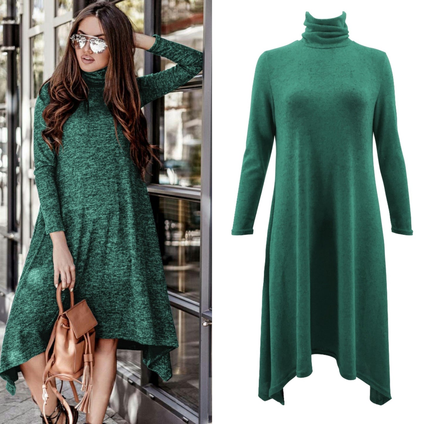 New Autumn Hot Women's High Collar Long Sleeve Solid Color Dress