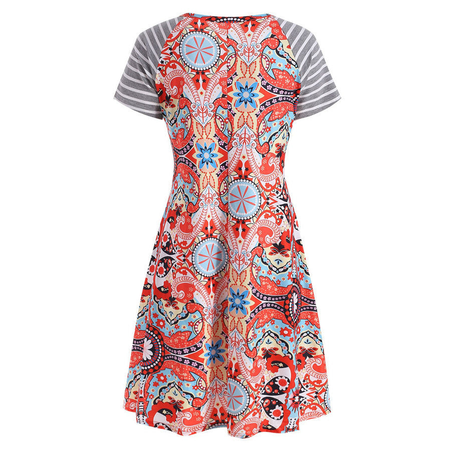 European and American summer women's new round neck print raglan sleeve dress